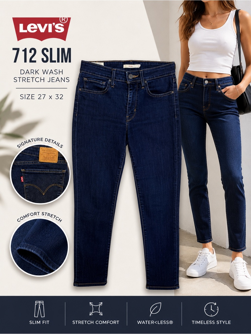 Levi’s 712 Slim Dark Wash Mid Rise Stretch Jeans Women’s 27x32